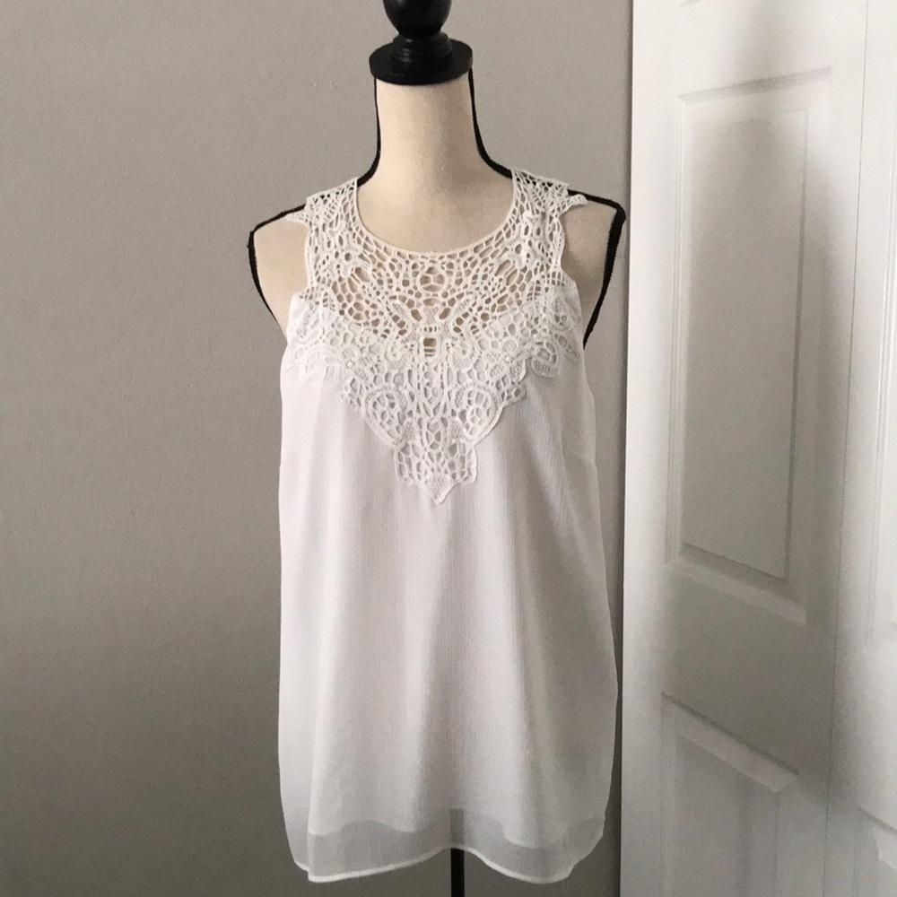 BANANA REPUBLIC women Crochet Lace Insert Sleeveless Georgette White Top…